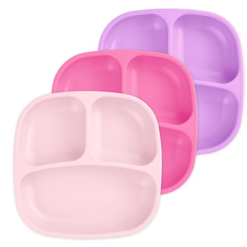 Re Play 7" Divided Toddler 3 Pack Plates with Deep Sides and Three Compartments for Easy Self Feeding | BPA Free | Dishwasher Safe | Princess
