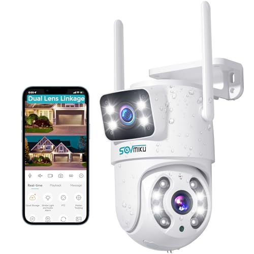 SOVMIKU Dual Lens Linkage 6MP PTZ Security Camera Outdoor,Wireless Bluetooth Camera,360 View,Auto Tracking,Human Detection,Light Alarm,Color Night Vision,2.4G WiFi,24/7 Record,Two-Way Audio