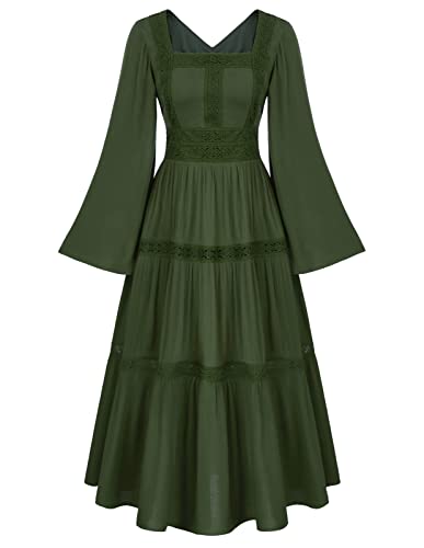 Peasant Dress for Women Pirate Square Neck Lace Tiered Flowy Long Dresses Renaissance Costume Green S