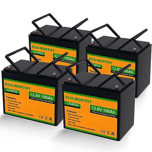 ECO-WORTHY 12V 100Ah 4Pack (Pack in Series to 48V 100Ah) LiFePO4 Lithium Battery, Up to 15000 Deep Cycles, Built-in BMS, Replacement of Lead-Acid, for Golf Cart, Off-Grid Solar System, RV, Scooter