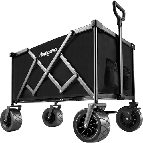 Homgava Foldable Wagon Cart with Big Wheels,Heavy Duty Beach Wagon with Brakes for Sand,Collapsible Folding Wagon Cart for Outdoor Camping Garden Shopping Grocery,Push Pull Utility Wagon,Black