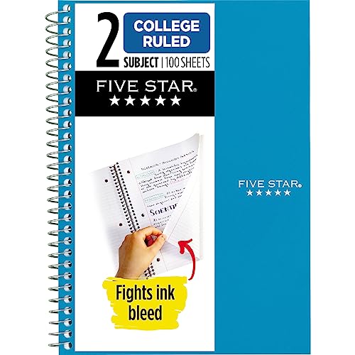 Five Star Small Spiral Notebook, 2 Subject, College Ruled Paper, 9-1/2" x 6", 100 Sheets, Teal Blue (06180AA4)