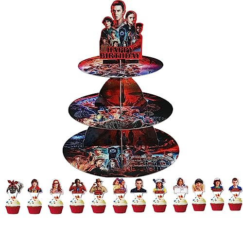 Stranger Party Supplies Things Birthday Party Decorations 3-Tier Cupcake Stand Dessert Holder 12PCS Stranger Cake Topper Cupcake Toppers Set