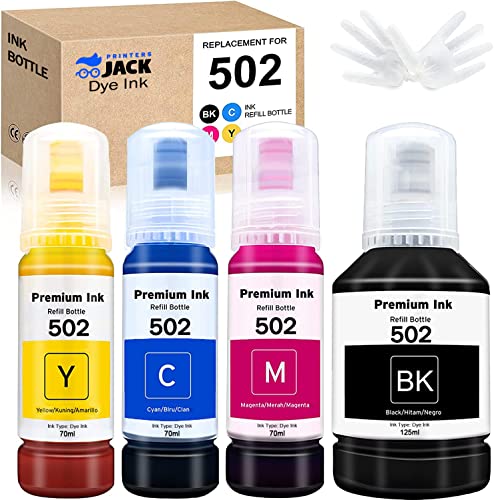 Printers Jack Compatible 502 T502 Refill Ink Bottles Replacement for EcoTank ET-2750 ET-3750 ET-4750 ET-2760 ET-3760 ET-4760 ET-2700 ET-3700 ET-3710 ET-15000 ST-2000 ST-3000 ST-4000 Printer