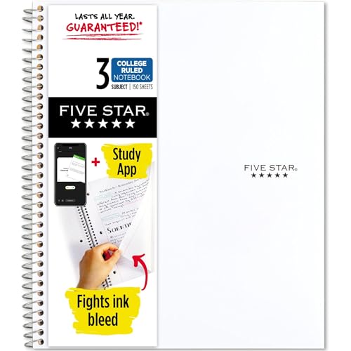 Five Star Spiral Notebook + Study App, 3 Subject, College Ruled Paper, Fights Ink Bleed, Water Resistant Cover, 8-1/2" x 11", 150 Sheets, White (72464)