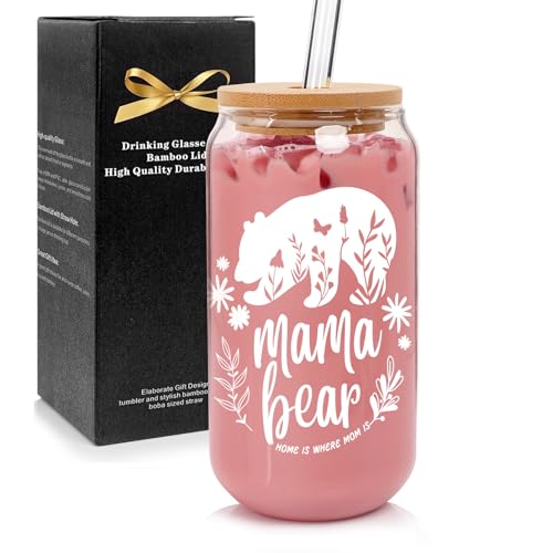 ANOTION Mama Bear Mug - Valentines Day Gifts for Mom Borosilicate Glass Cup with Lid and Straw White Elephant Gifts Mom Birthday Gifts from Daughters Presents for Mom Thank You Gifts