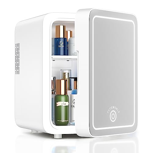 CUTIEWORLD Makeup Fridge With Dimmable LED Light Mirror, 4L Mini Fridge for Bedroom, Car, Office & Dorm, Cooler & Warmer, Portable Small Refrigerator for Cosmetics, Skin Care and Food, White, BX01