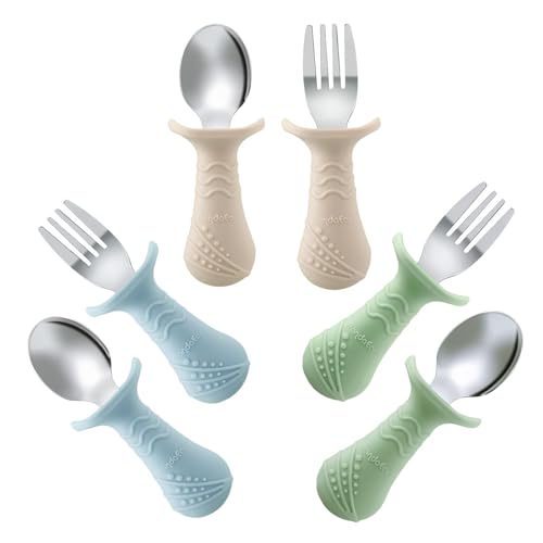 PandaEar Baby Toddler Fork and Spoon Utensil Set, 6 Pack Silicone Stainless Steel Silverware Spoon Fork for Babies Toddler, BPA Free with Silicone Holding Anti-Choke Design (Blue&Green&Light Tan)