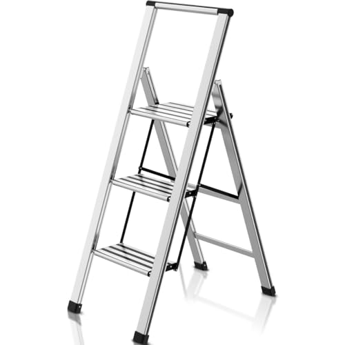 LANBITOU 3 Step Ladder Folding Step Stool, Aluminum 3 Step Stool Foldable with Handle, Wide Anti-Slip Pedal, 300lbs Sturdy Closet Steping Stool for Adults, Lightweiht Stepstool Kitchen Step Ladder