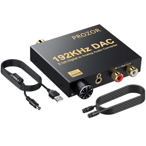 PROZOR 192kHz Digital to Analog Audio Converter Support Dolby AC-3 DTS 5.1CH with Volume Adjustable, Optical to RCA DAC Decoder, Digital DAC Converter SPDIF TOSLINK to Stereo L/R & 3.5mm Jack