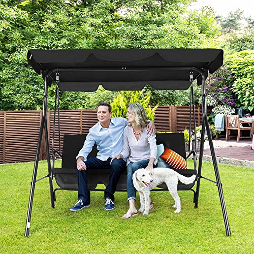 3-Seat Patio Swing Chair,Outdoor Porch Swing with Adjustable Canopy and Durable Steel Frame for Patio, Garden, Poolside (Black)