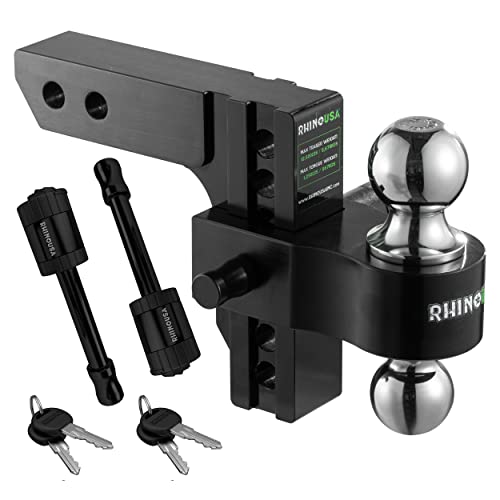 Rhino USA Adjustable Trailer Hitch (Fits 2-Inch Receiver) - Heavy Duty Aluminum Tow Hitches with 6-Inch Drop/Rise for Truck (12,500 LBS GTW) - Weatherproof Double Anti-Theft Locking Hitch Pins