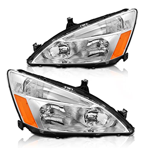 AXLAHA for 2003-2007 Honda AccordHeadlights Assembly compatible with 2003 2004 2005 2006 2007 Honda Accord 2/4dr Chrome Housing Amber Reflector Clear Lens Replacement Driver and Passenger Side