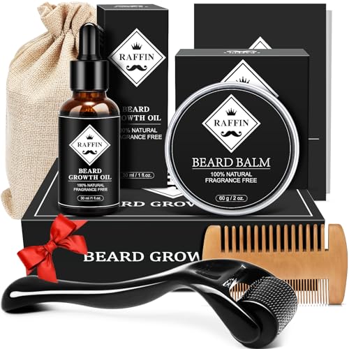 Beard Growth Kit - Beard Kit w/Beard Growth Oil, Beard Balm, 0.25mm Beard Roller, Beard Comb, Beard Kit for Patchy Beard, Unique Birthday &Valentines Day Gifts for Him Boyfriend Husband Dad Men