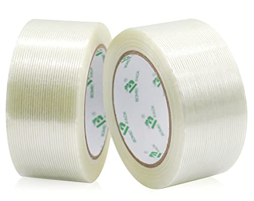 BOMEI PACK Mono Filament Strapping Tape, 2 Roll 2 Inch x 35 Yards 5.5 Mil, Heavy Duty Transparent Reinforced Fiberglass Tape