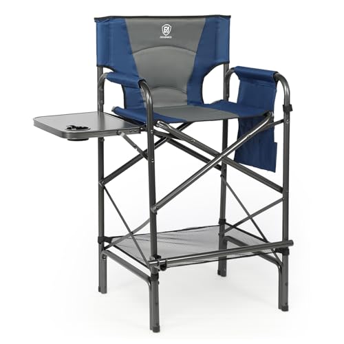 EVER ADVANCED Tall Folding Chair 30.7" Seat Height Directors Chair High Foldable Bar Stool for Makeup Artist Face Painting with Side Table Cup Holder and Storage Pocket Supports 350LBS (Blue/Grey)