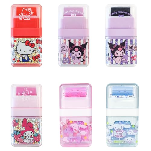 6 Pack Cartoon Kawaii Creative Roller Erasers, Funny Pencil Erasers with Cover and Clean up Roller for Kids Back to School Supplies and Party, Gift Supplies
