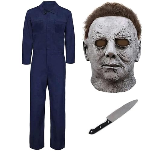 Michael Myers Costume for Adult Men Michael Myers Jumpsuit Mask with Blood Knife Halloween Cosplay Michael Myers Killer Outfits