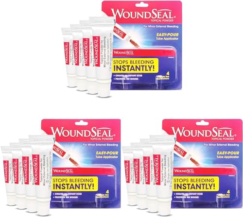 WoundSeal Powder 4 Each (Pack of 3) - Wound Care First Aid for Cuts, Scrapes and Abrasions - Stops Bleeding in Seconds Without Stitches or Bandages - Safe and Effective for People of All Ages and Pets