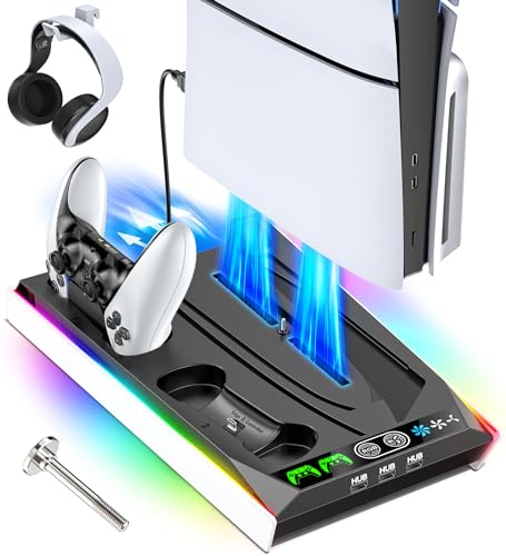 PS5 Stand for PS5 Slim Disc/PS5 Disc & Digital, 3-Level Cooling Station and RGB LED with Controller Charger for PS5 & Edge Controller, PS5 Accessories with 3 USB HUBs (Not Fit PS5 Slim Digital)