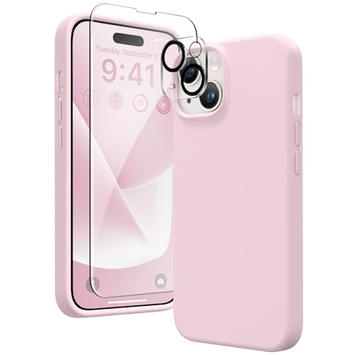 GONEZ for iPhone 14 Case Silicone, with 2X Screen Protector + 2X Camera Lens Protector, [Soft Anti-Scratch Microfiber Lining], Liquid Silicone Shockproof Protective Phone Cover 6.1", Hot Pink