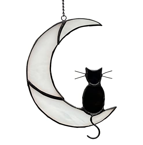 Christmas Black Cat Decor On White Moon Stained Glass Window Hanging Suncatcher for Windows Panels Sun Catcher Halloween Ornament Decoration Memorial Gift Cat for Lover Cat Loss