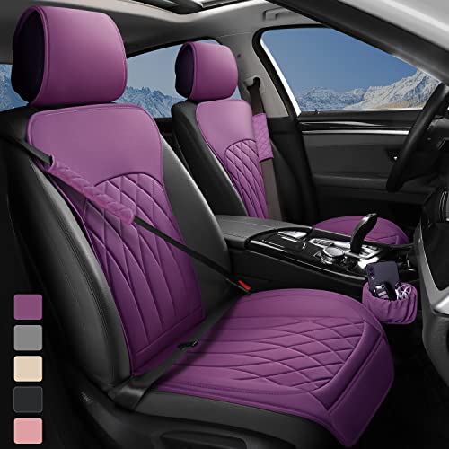 BEITK 2 Pack Leather Front Car Seat Covers, Universal Sideless Car Seat Protectors with Storage Pocket and Seat Belt Pads, Waterproof Automotive Seat Cover for Cars Trucks SUV(Purple)