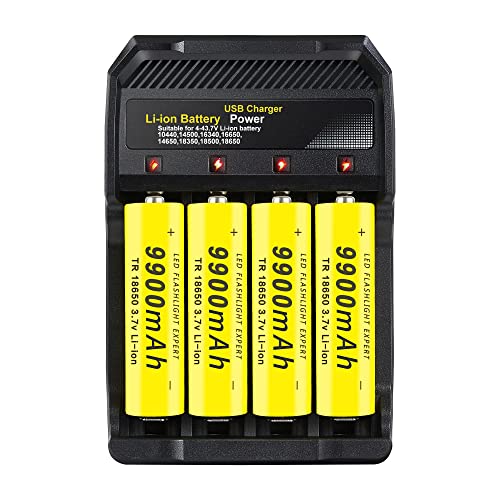 18650 Battery Charger 4 Bay 9900mAh Rechargeable Battery, Universal Smart Battery Charger for 18650 26650 14500 16340 18500 10440 18350 17670 3.7V Batteries