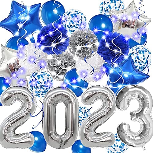 2022 Graduation Decorations Silver and Blue - 40 Inch Silver 2022 balloons, Blue Silver Paper Pompoms Blue Confetti Balloons and Star Balloons for Graduation Party Class of 2022 Party Decorations