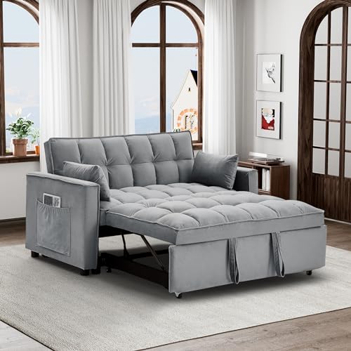 Wrofly 3 in 1 Convertible Sleeper Sofa Couch with Pullout Bed, Velvet Loveseat Sofa with Storage and Pillows, Modern 2 Seater Futon Couch Bed for RV, Living Room, Bedroom and Small Space (Light Grey)