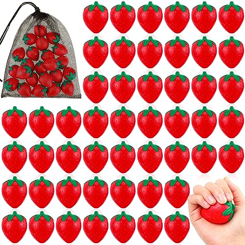 24 Pcs 2 Inch Strawberry Stress Balls Mini Foam Strawberry Stretchy Toys Fruit Party Favor Stress Relief Strawberry Fidget Toy with Storage Bag for Birthday Gift Bag Fillers, School Carnival Reward