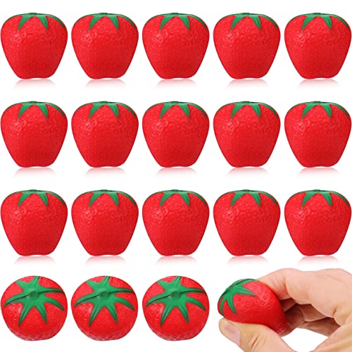 Macarrie 20 Pcs Strawberry Stress Toy Fruit Miniature Stress Balls Novelty Toys Slow Rising Fidget Sensory Toy Red Stress Relief Toys Kawaii Early Education Toy for Kids Adults Home School