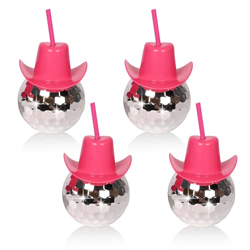 ZHURUININ 4Pcs Disco Ball Pink Cowgirl Hat Cups with Straws Cowboy Western Party Supplies, Single Girl Party Supplies (4 PCS)