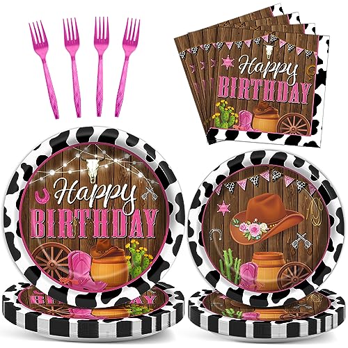 96 Pcs Western Cowgirl Party Supplies Cowgirl Theme Paper Plates Cow Print Party Plates Western Disposable Plates and Napkins Wild West Birthday Party Decorations for Kids Baby Shower Serves 24