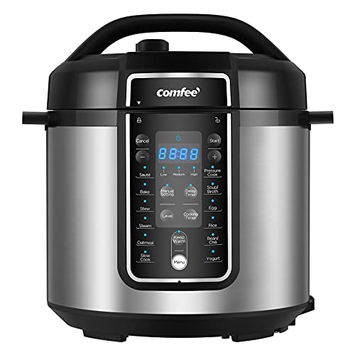 COMFEE Pressure Cooker 6 Quart with 12 Presets, Multi-Functional Programmable Slow Cooker, Rice Cooker, Steamer, Saut pan, Egg Cooker, Warmer and More