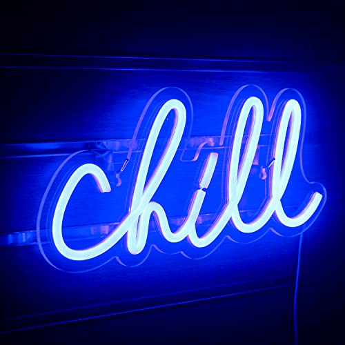 Wanxing Chill Neon Sign Blue Led Sign Chill Neon Wall Sign 14'' x 7'' Led Neon Sign Word Neon Lights for Wall Decor Neon Light for Bedroom USB Powered Switch Light up Sign Neon Sign for Wall Decor Bar Hotel Game Room