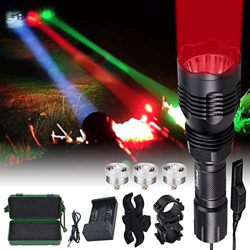 VASTFIRE Predator Light with Interchangeable (Red, Green, White) LED Hunting Flashlight with Scope Mount for Hog Coyote Coon Bobcat Raccoon Varmint Rabbit Night Hunting