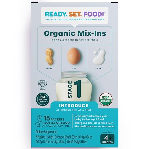 Ready Set Food | Early Allergen Introduction Mix-ins for Babies 4+ Mo | Stage 1-15 Days | Top 3 Allergens - Organic Peanut Egg Milk | Safe Easy Effective | For Bottle or Food