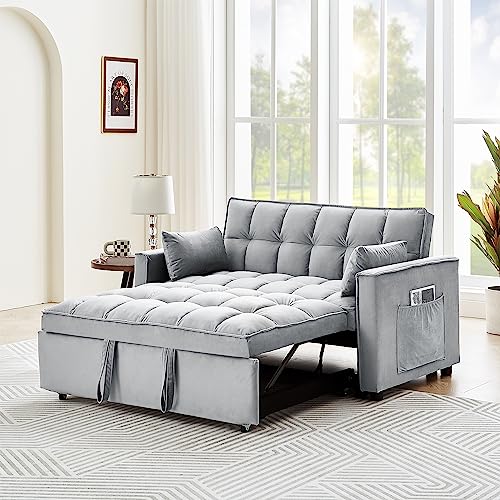 Tmsan 55" Loveseat Pull Out Couch, 3 in 1 Velvet Convertible Sleeper Sofa Bed for Living Room, Small Love Seat Futon Sofa Bed with Reclining Backrest, Toss Pillows, Side Pockets for Small Spaces