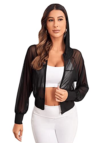 SweatyRocks Women's Activewear Long Sleeve Hooded Sheer Mesh Sports Jacket Workout Crop Top Black M