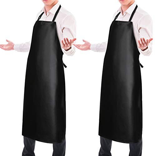 2 Pack Waterproof Rubber Vinyl Apron 40" Aprons for Men Heavy Duty Chemical Resistant Work Apron Extra Long Grilling Aprons with Adjustable Bib Apron for Dishwashing Lab Butcher Cooking Kitchen Black