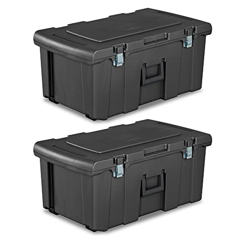 Sterilite Heavy Duty 16 Gallon Portable Large Plastic Footlocker Storage Container with Handles and Wheels for Dorms and Apartments, Flat Gray (2Pack)