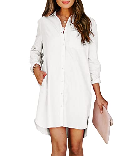 Aoudery Womens Button Down Shirt Dresses with Pockets Cotton Button Up Tunics Long Sleeve Solid High Low Blouse Tops - White M