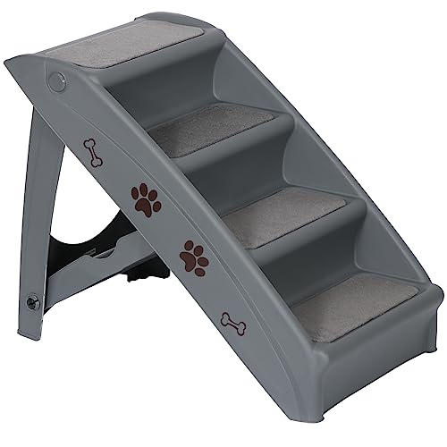 Dog Stairs to Bed Pet Stairs Dog Steps for Small Dogs Washable Carpet Pet Stairs for High Bed Foldable Plastic Pet Steps (Grey)