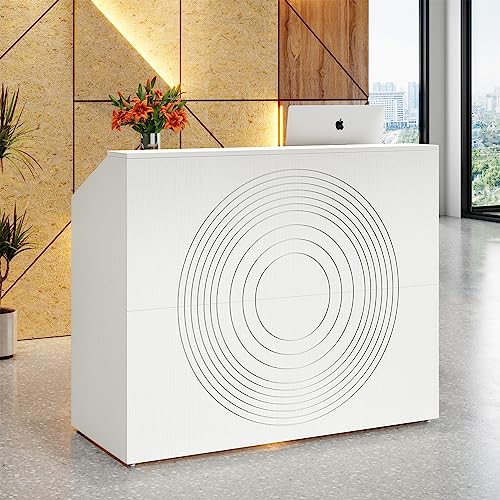 Tribesigns Reception Desk with Counter, Modern Front Desk Reception Room Table with Cable Grommet, 47 inch Retail Counter for Checkout, Lobby, Beauty Salon, Home Office Desk, White