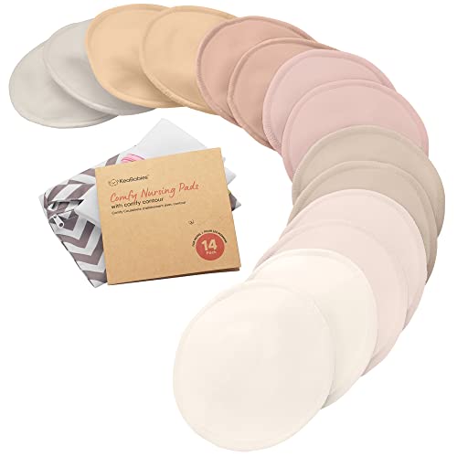 KeaBabies Organic Bamboo Viscose Nursing Pads - 14 Washable Breastfeeding Pads, Wash Bag, Reusable Breast Pads for Breastfeeding, Breastfeeding Essentials (Neutrals, L 4.8")