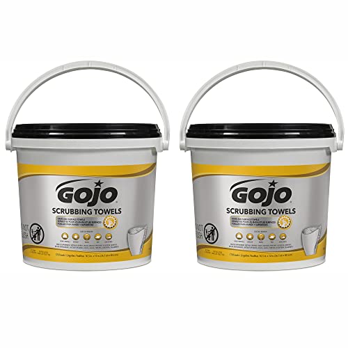GOJO Scrubbing Towels, Fresh Citrus Scent, 170 Count Extra Large Dual Textured Wet Towels Bucket (Pack of 2)  6398-02