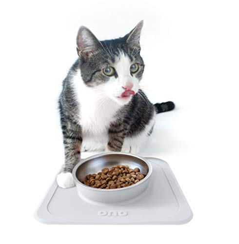 Ono Good Bowl Food & Water Single Feeder - Small to Medium Pets No Spill Non Skid Silicone Mat & Stainless Steel Bowl for Dogs or Cats (Cool Gray)