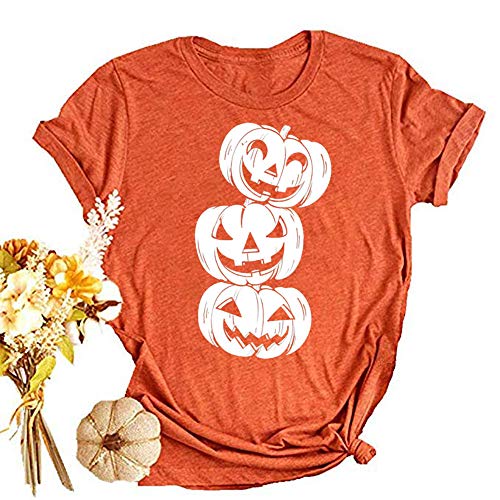 EIGIAGWNG Womens Fall Pumpkin T-Shirts Funny Short Sleeve Halloween Graphic Tees Tops (Orange, L)