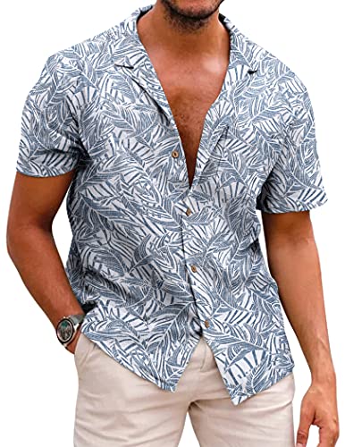 COOFANDY Men Cotton Linen Shirts Short Sleeve Button Down Relaxed Fit Floral Beach Shirts